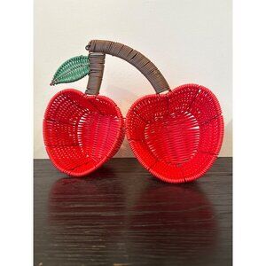 Cherry Shaped Double Compartment Basket Red Resin Wicker Summer Pool Party BBQ